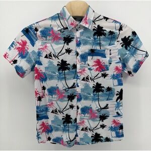 Hawaiian Shirt Men's Size M Blue Pink 80s Floral Tropical Palm Tree Aloha
